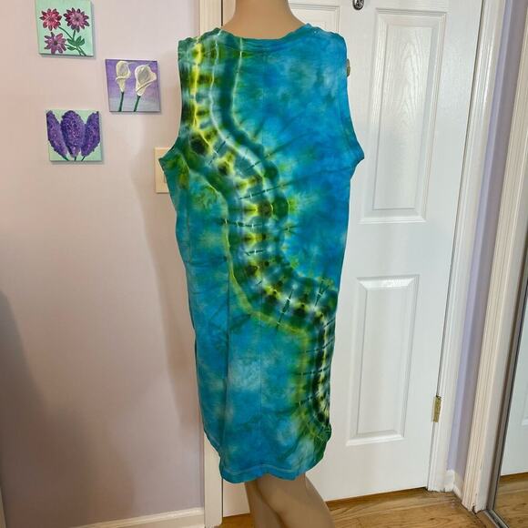 Hand tie dyed sleeveless dress green teal river path L - Picture 2 of 7